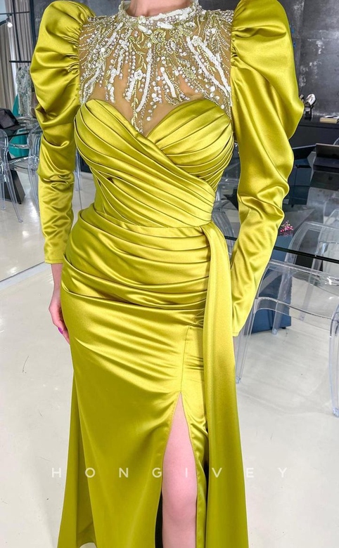 Sexy Satin Fitted High Neck Long Sleeve Beaded Gown