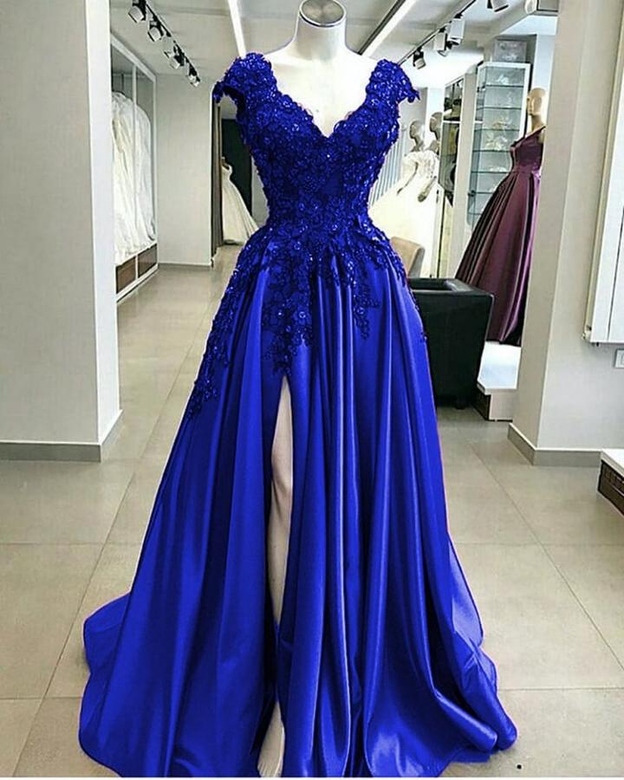 Royal Blue Cap Sleeves V-Neck High Split A-Line Elegant Evening Dresses