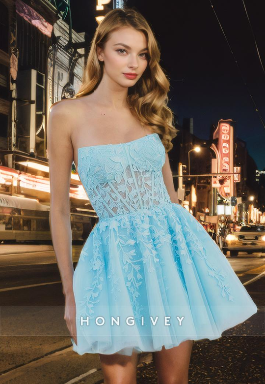 A-Line Strapless Illusion Lace Applique Short Homecoming Dress