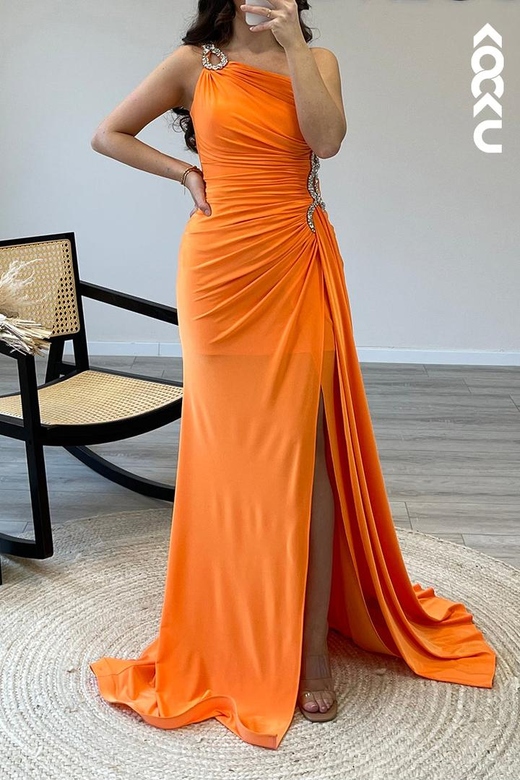 One Shoulder Beaded Satin Pleated Mermaid Long Semi-Formal Dress