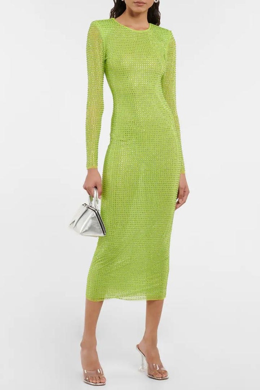 Sparkly Sage Green Rhinestone Long Sleeve Bodycon Mesh Sheer Midi Dress