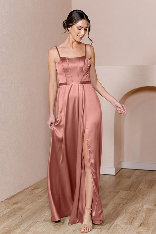 Square Neck Spaghetti Straps Satin A-Line Bridesmaid Formal Dress