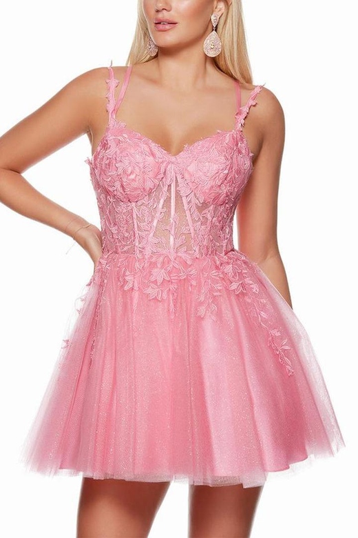 Sweetheart Appliqued Sheer Tulle A-Line Mini Homecoming Gown