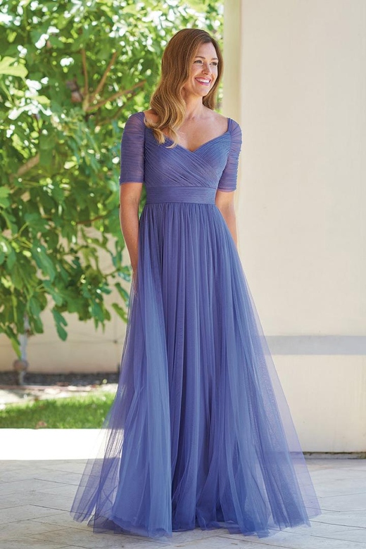 V-Neck Short Sleeves Ruched Tulle A-Line Mother of the Bride Dress