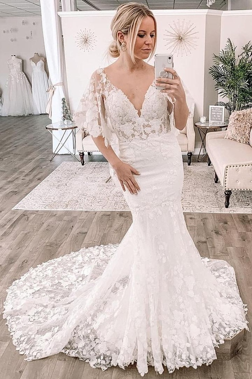 Mermaid V-neck Half Sleeve Tulle Applique Wedding Gown