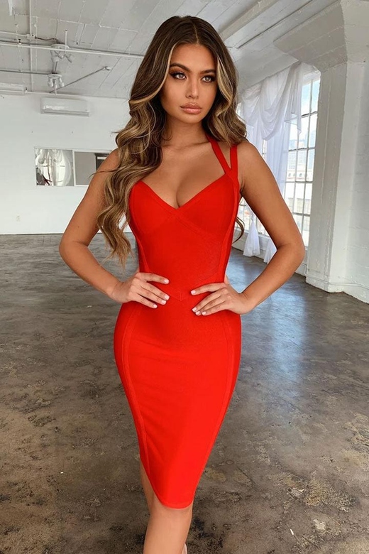 Red Unique Halter Bandage Midi Cocktail Dress