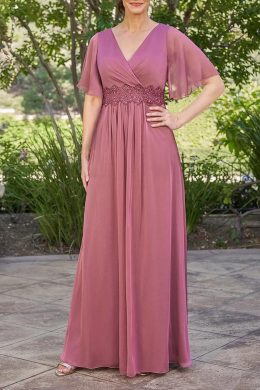 V-Neck Cap Sleeves Beaded Chiffon A-Line Mother's Gown