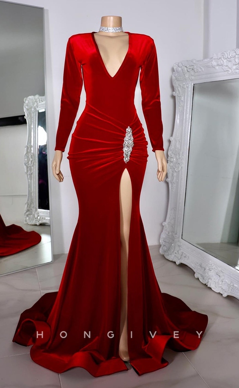 Trumpet V-Neck Long Sleeves Ruched Dress with Side Slit