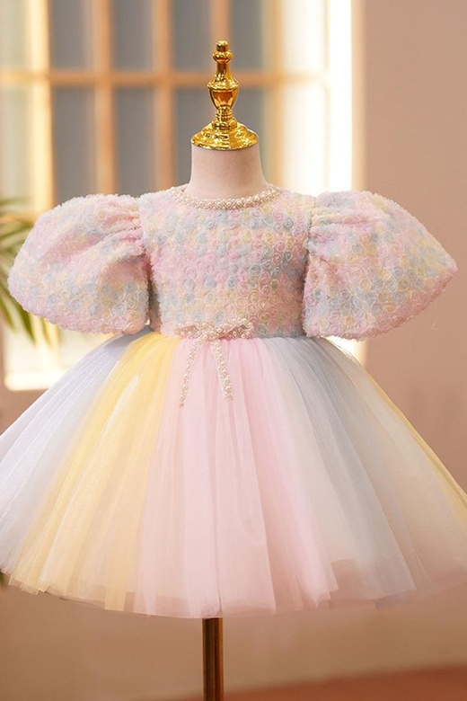 Scoop Floral Puff Sleeves Beaded Tulle A-Line Sweet Flower Girl Dress