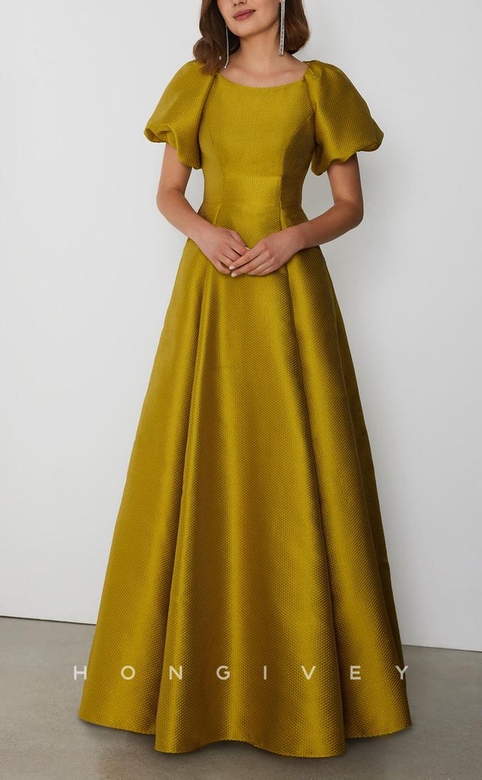 Chic Satin A-Line Bateau Puff Sleeves Floor-Length Cocktail Gown