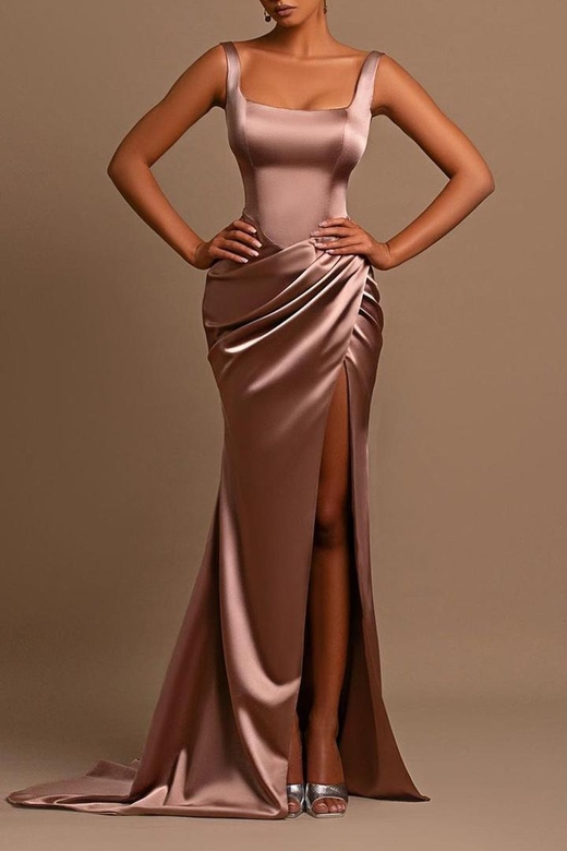 Strapless Sleeveless Ruched Satin Sheath Long Bridesmaid