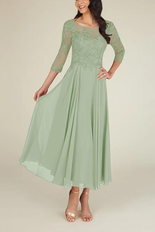 Scoop Half Sleeves Lace Chiffon A-Line Midi Mother of the Bride Dress