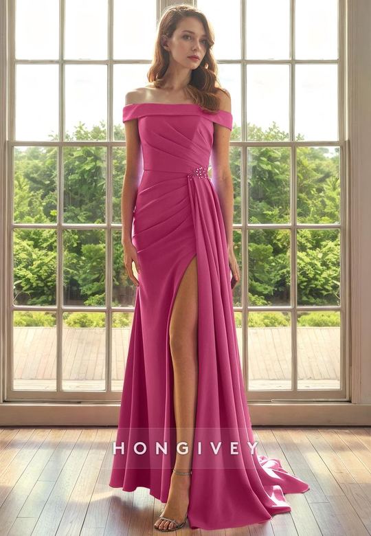 Satin A-Line Off-Shoulder Sleeveless with Side Slit Mother of the Bride Dress