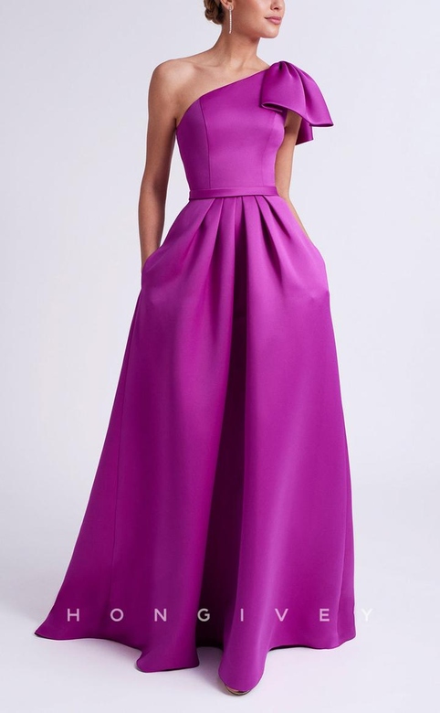 Chic Satin A-Line One Shoulder Bowknot Pockets Mother of the Bride Gown