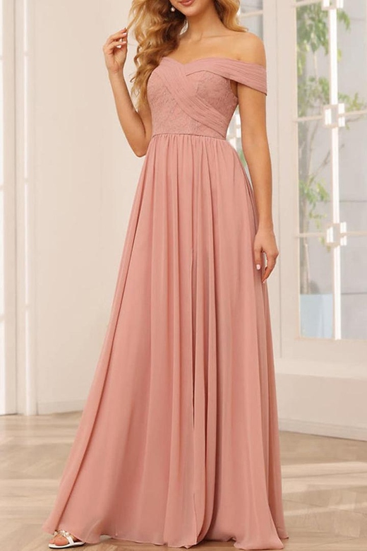 Off-Shoulder Ruched Lace Chiffon A-Line Long Bridesmaid Dress