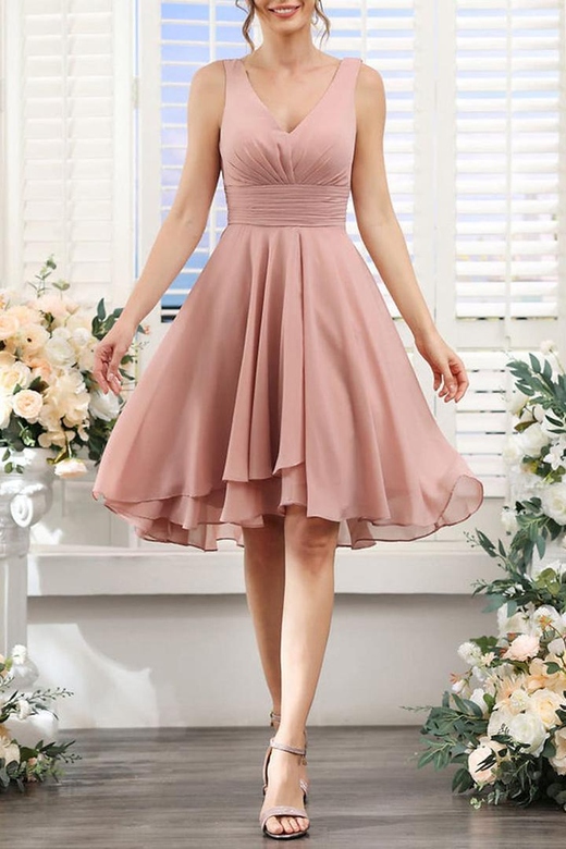 V-Neck Sleeveless Ruched Chiffon A-Line Short Bridesmaid Dress