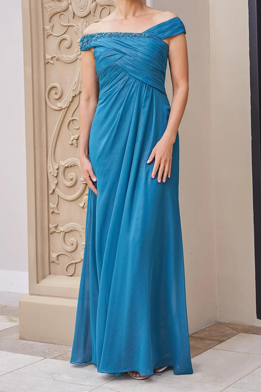 Off-Shoulder Beaded Ruched Chiffon A-Line Mother of the Bride Gown