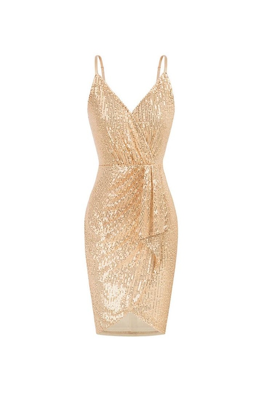 Sparkly Sequin V-Neck Spaghetti Strap Ruffle Bodycon Mini Dress