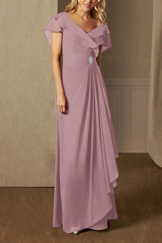 V-Neck Cap Sleeves Chiffon A-Line Long Mother of the Bride Gown