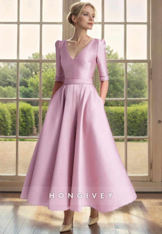 Elegant Satin A-Line V-Neck Half Sleeves Pockets Mother-of-the-Bride Dress