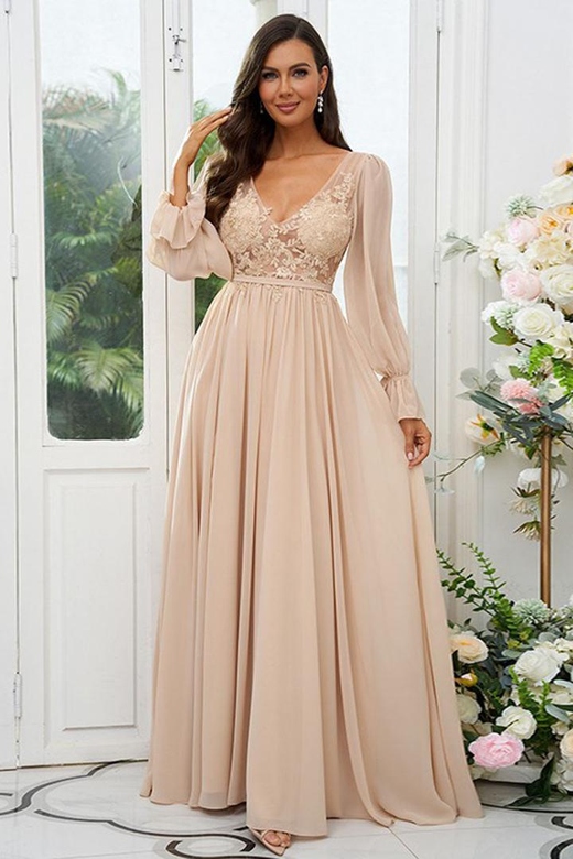 V-Neck Long Sleeves Lace Appliqued Chiffon A-Line Bridesmaid Formal Dress