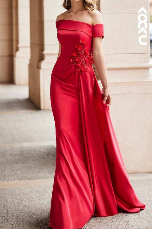 Couture Ornate Off-Shoulder Trumpet Dress With Flower