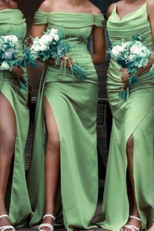 Green Mismatched Sleeveless Ruched Sheath Long Bridesmaid