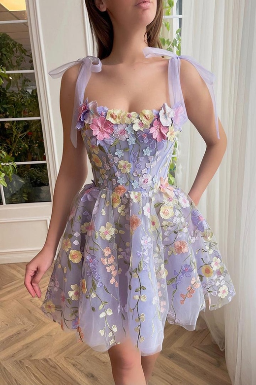 Square Neck Sleeveless Floral Appliqued Tulle A-Line Mini Homecoming Gown