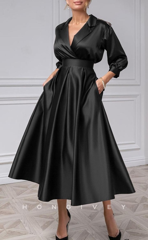 Elegant Satin A-Line V-Neck 3/4 Sleeves Beaded Mother's Dress