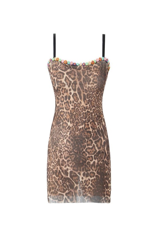 Sexy Leopard Floral Applique Sleeveless Fitted Mesh Mini Dress