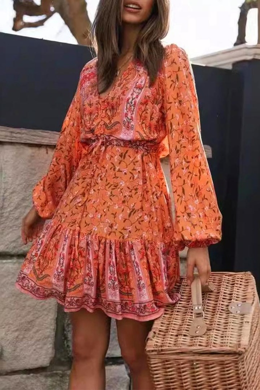 Casual Floral Print Lace Up V-Neck A-Line Dresses