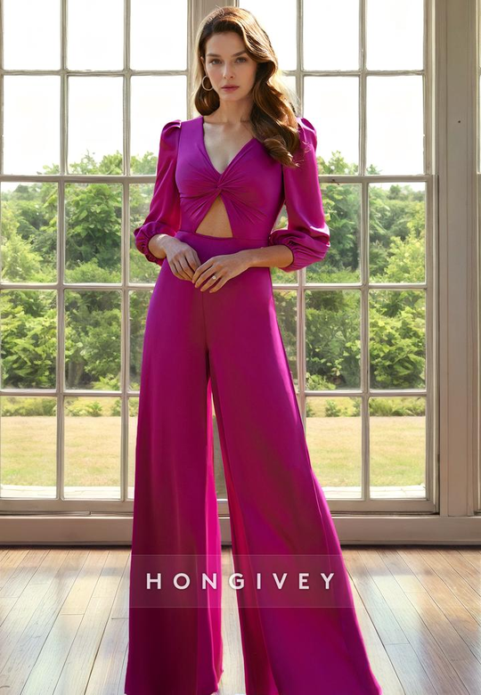 Classic Satin V-Neck 3/4 Sleeves Empire Jumpsuit for Mother of the Bride