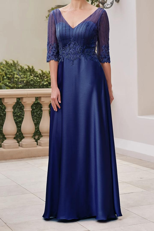 V-Neck Half Sleeves Beaded Appliqued A-Line Mother of the Bride Gown