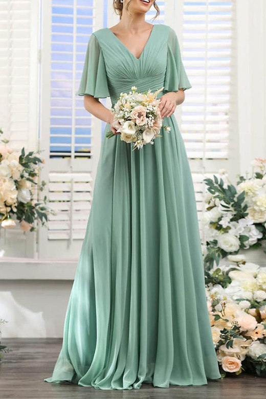 Trendy V-Neck Short Sleeves Ruched Chiffon Bridesmaid Gown