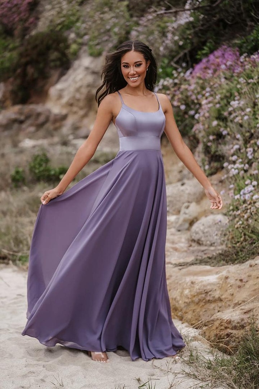 Scoop Spaghetti Straps Satin A-Line Long Bridesmaid Dress