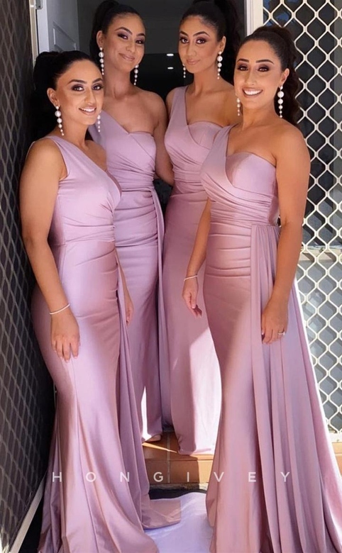 Sexy Satin Trumpet One Shoulder Ruched Train Prom Bridesmaid Dress