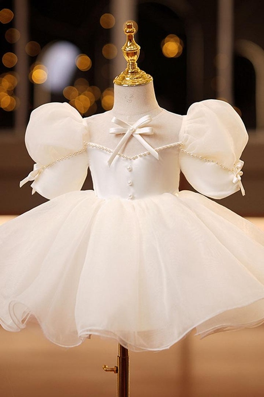 Scoop Puff Sleeves Beaded Satin A-Line Flower Girl Dress with Bows