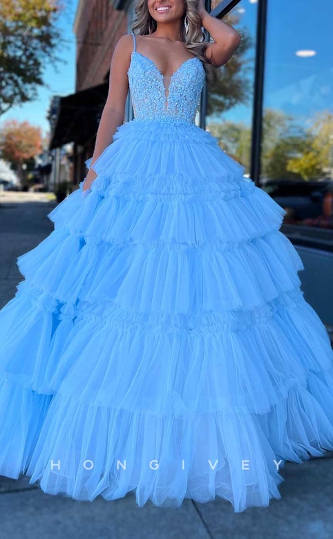 V-Neck A-Line Appliques Tiered Tulle Dress for Prom/Evening