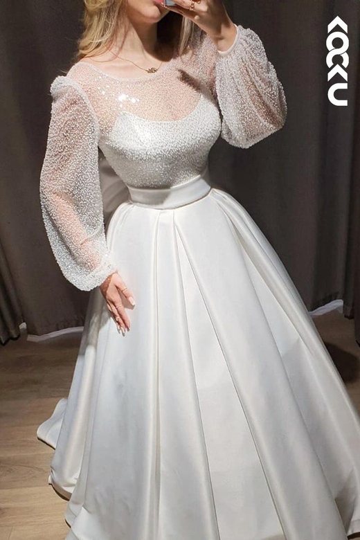 Gorgeous & Charming Long Sleeves A-Line Beaded Bridal Wedding Dress