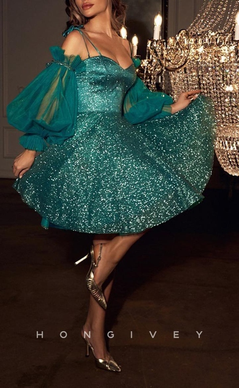 Shimmering Fully Sequined V-Neck Puff Sleeves Evening or Homecoming Gown