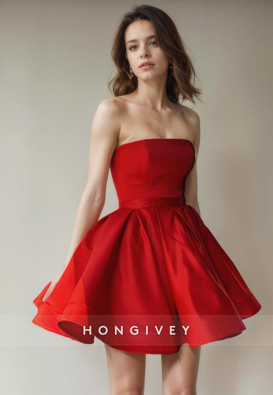 Casual Satin A-Line Strapless Sleeveless Short Party Homecoming