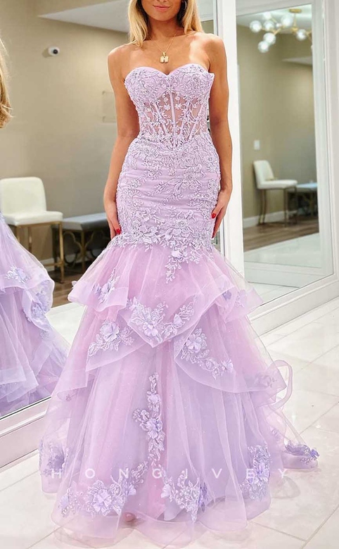 Trumpet Sweetheart Strapless Lace Applique Dress with Tulle Train