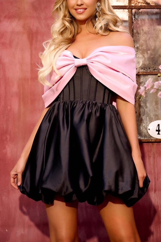 Off-Shoulder Ruched Satin A-Line Mini Homecoming Gown with Bow