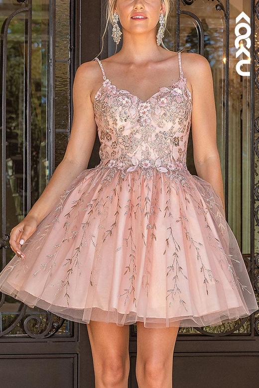 V-Neck Lace Appliqued Beaded Tulle A-Line Mini Homecoming Gown