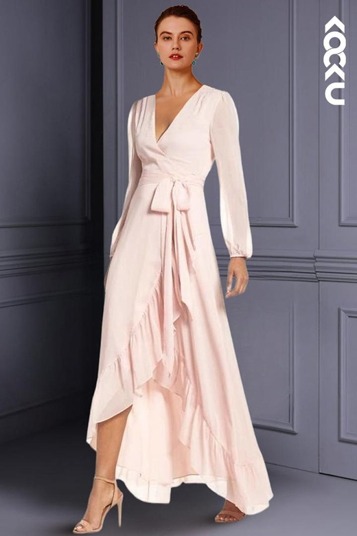 Simple & Elegant Long Sleeves V-Neck A-Line Chiffon Mother of the Bride Gown