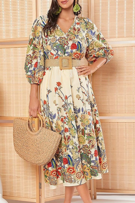 Elegant College Floral With Belt V-Neck A-Line Dresses (3 Colors)