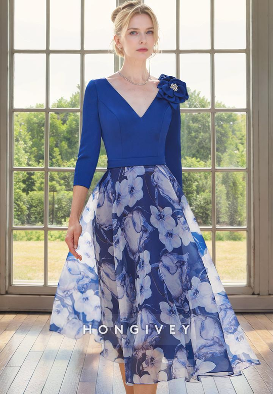 A-Line V-Neck 3/4 Sleeves Two-Tone Floral Mother-of-the-Bride Dress