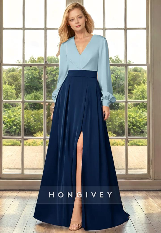 A-Line Long Sleeve V-Neck Two-Tone with Side Slit Mother of the Bride Dress