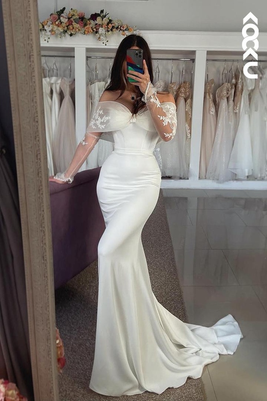 Classic Off-Shoulder Long Sleeves Mermaid Satin Wedding Gown