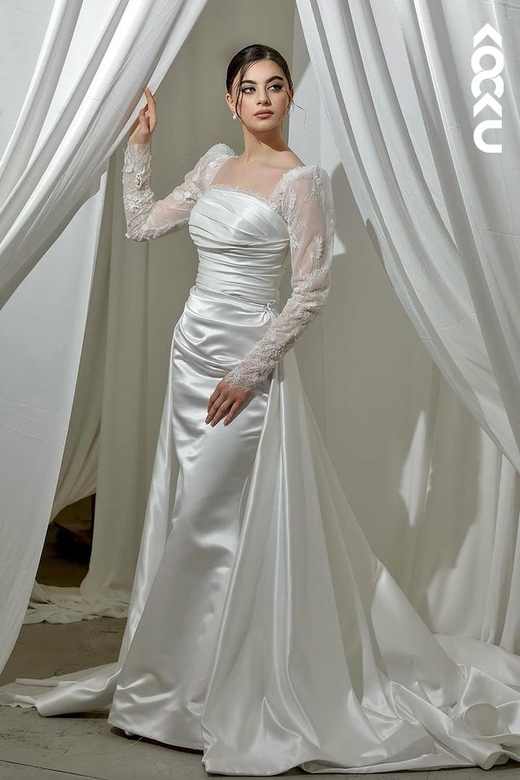 Glamorous Square Long Lace Sleeves Satin Mermaid Wedding Gown